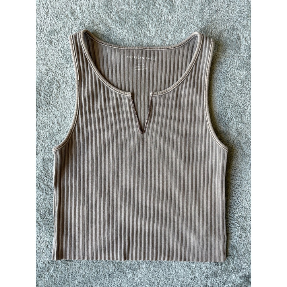 American Eagle Cropped Tank Top Small Brown Ribbed Notch Neck Minimalist Basic - Picture 1 of 14